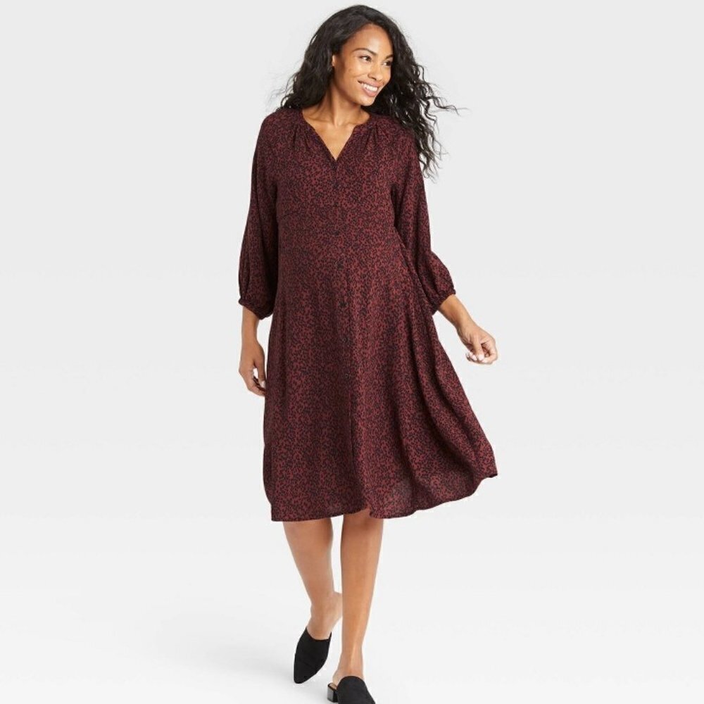 The Nines by HATCH Leopard Button-Front Poplin Maternity Dress